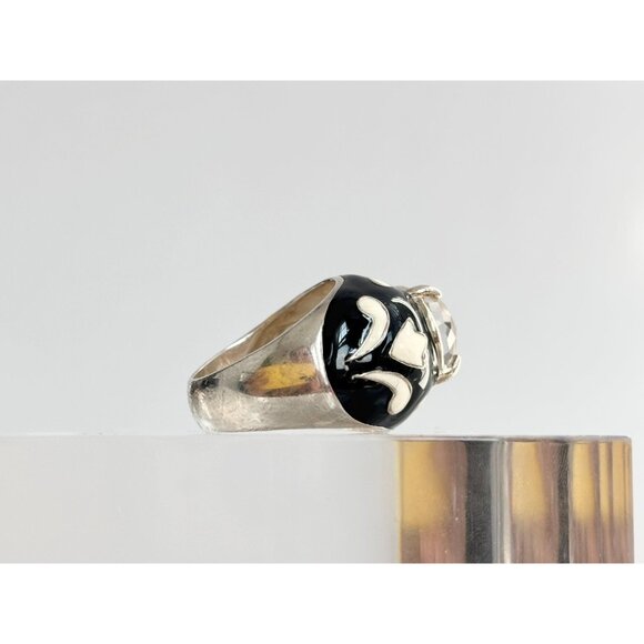 Black & White Enameled Domed Rhinestone Sterling Silver Vintage Ring - sz 5.75 - Picture 8 of 10